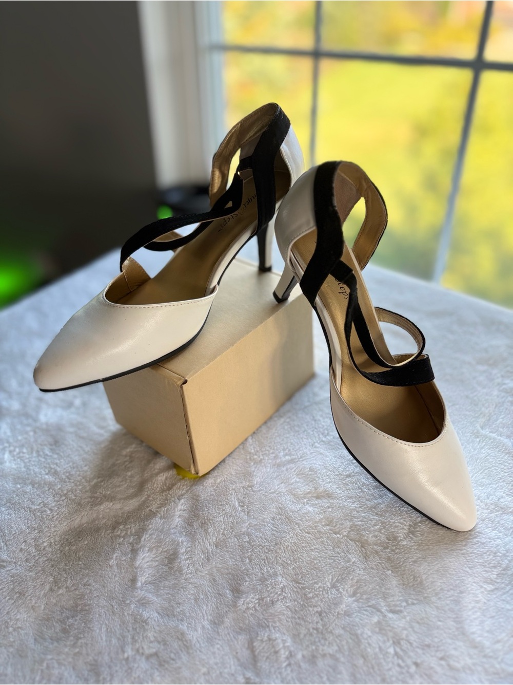 White Pointed-Toe Heels with Black Strappy Detail